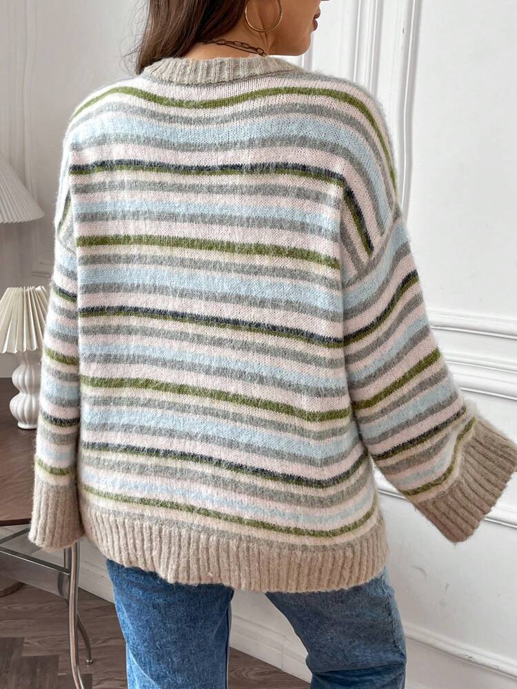 Plus Striped Pattern Drop Shoulder Sweater Knit Pullover Fall Winter Sweater