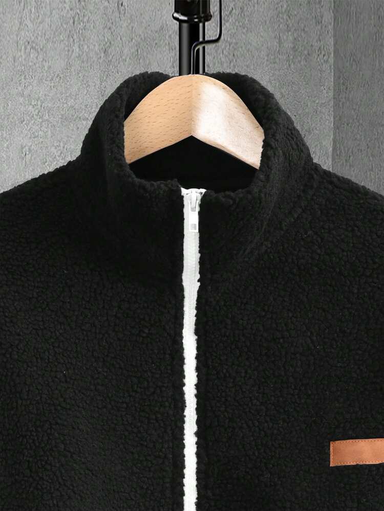 Loose Fit Men's Patched Detail Zip Up Teddy Jacket