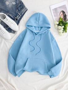 SHEIN EZwear Car & Letter Graphic Drawstring Thermal Lined Hoodie - Blue - View 2