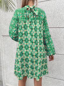 SHEIN LUNE Allover Print Mock Neck Lantern Sleeve Dress Fall Cloth For Women - Green - View 2