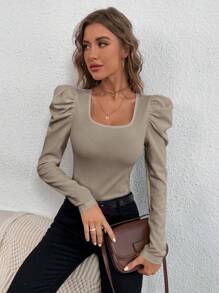 RueChic Square Neck Gigot Sleeve Tee - Camel - View 5