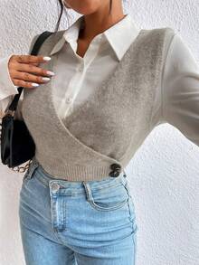 SHEIN LUNE 1pc Button Detail Wrap Sweater Vest - Khaki - View 5