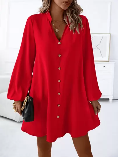 EMERY ROSE Notched Neckline Button Decor Lantern Sleeve Dress For New Year Clothes Fall Cloth For Women