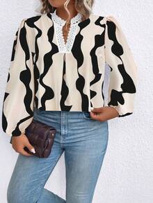 SHEIN LUNE 大碼滿版印花水溶蕾絲拼接燈籠袖襯衫 - 杏色 - 查看 5