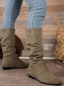 女式秋冬皺紋中筒靴,時尚低跟便膠短靴 - 卡其色 - 查看 2