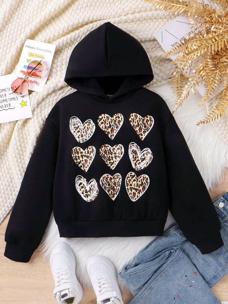 SHEIN 少女心形豹纹卫衣 - 黑色 - 查看 1