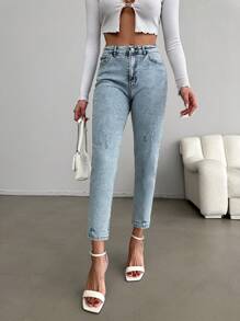 SHEIN Cottnline Ripped Tapered Jeans - Light Wash - View 6