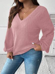 Calvaya Plus V Neck Lantern Sleeve Tee - Pink - View 3