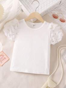 SHEIN Young Girl Solid Contrast Mesh Ruffle Trim Tee