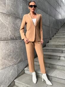 RueChic Solid Single Button Blazer & Pants - Brown - View 4