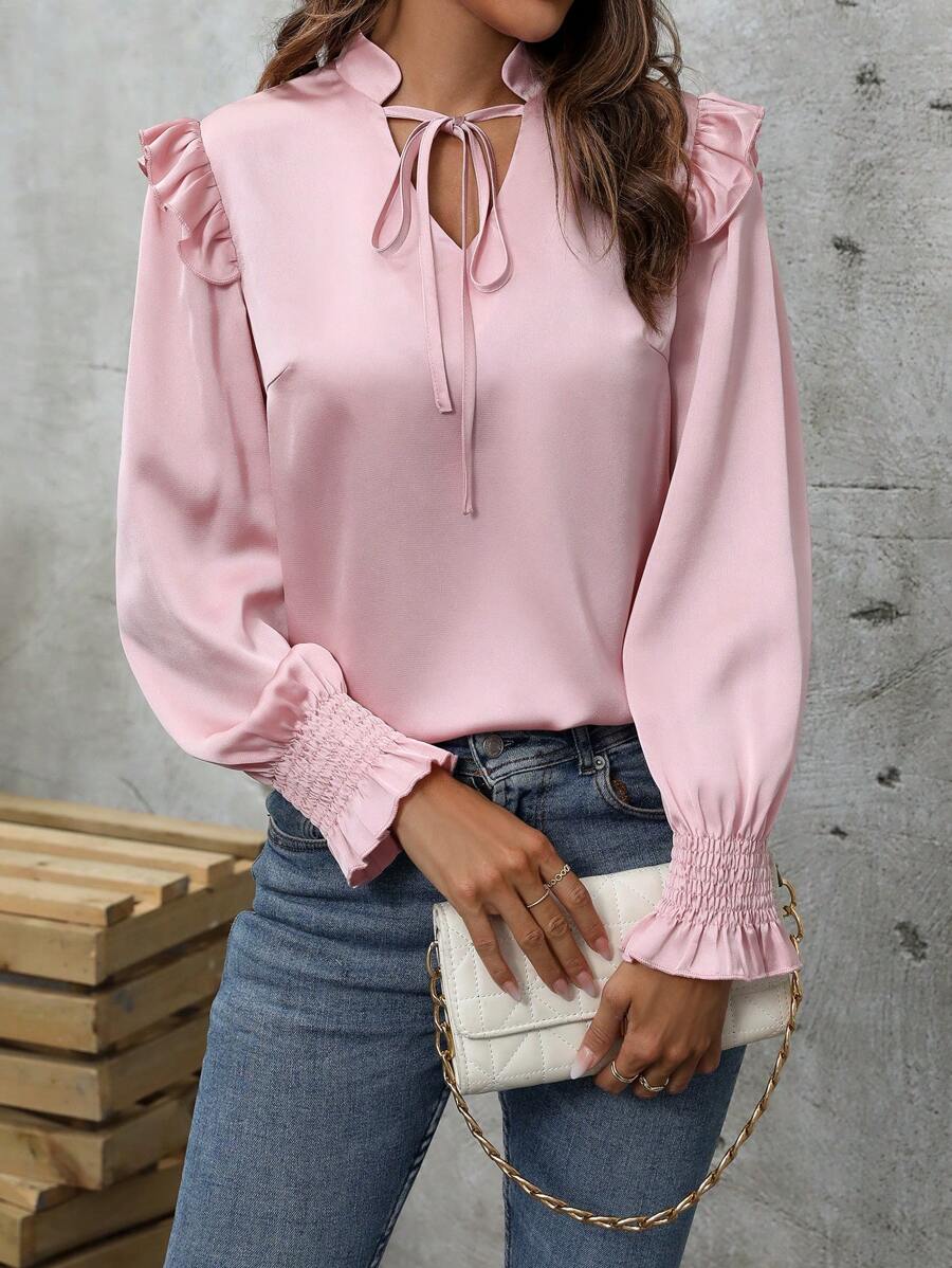 Chiquease Blusa de cuello con cordón ribete con fruncido de manga con volante - Rosa - Ver 1