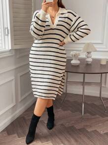 Flirla Plus Striped Pattern Drop Shoulder Split Thigh Sweater Dress - Black and White - View 3