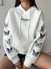 EURMUSE Cotton Letter & Butterfly Print Pocket Drop Shoulder Drawstring Hoodie - White - View 1
