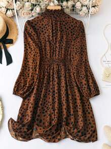 SHEIN Clasi Plus Dalmatian Print Lantern Sleeve Dress - Brown - View 2