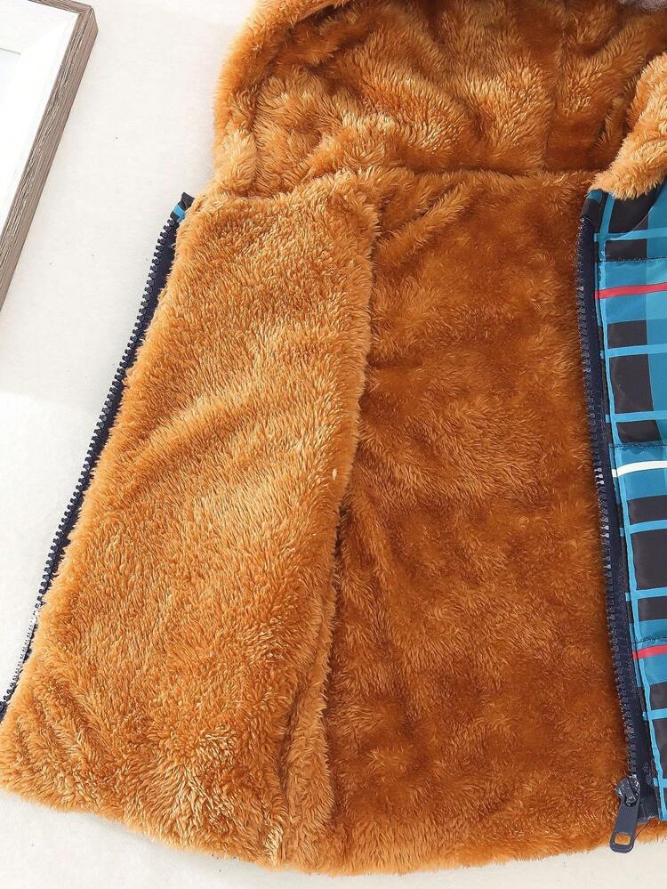 Baby Girl 1pc Bear Print Teddy Lined 3D Ear Design Hooded Vest Coat