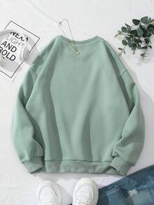 SHEIN Qutie Letter Graphic Drop Shoulder Thermal Lined Sweatshirt - Green - View 2