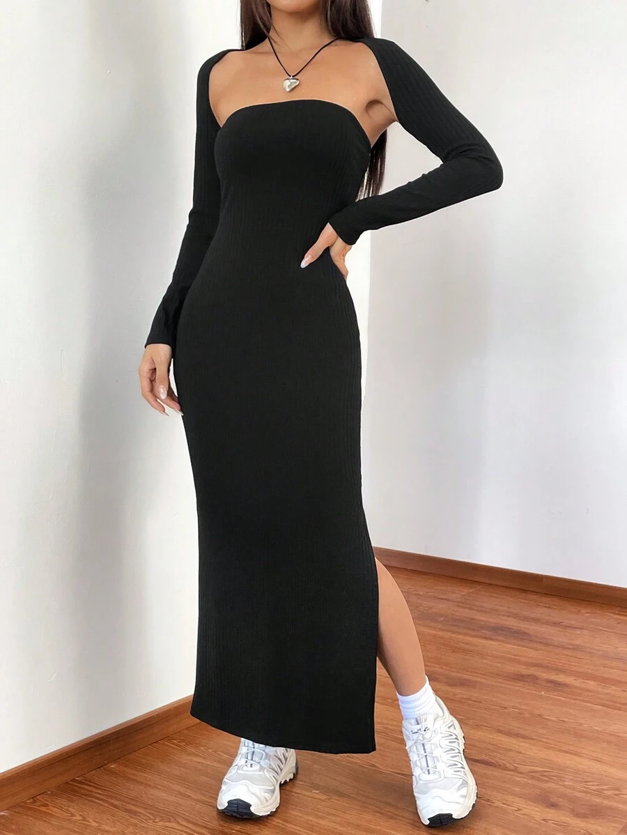 SHEIN EZwear 素色高衩抹胸洋裝和短上衣 - 黑色 - 查看 1