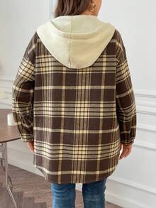 SHEIN Franclia Plus Plaid Print Drop Shoulder Drawstring Hooded Coat - Coffee Brown - View 2