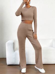 SHEIN Unity 素色短款毛衣&下擺開叉針織長褲 - 卡其色 - 查看 4