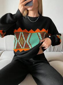 RueChic Mẫu Geo Thả vai Áo len & Quần dệt kim - màu đen - Xem 6