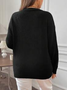 Flirla Plus Letter Pattern Drop Shoulder Sweater Knit Pullover Fall Winter Sweater - Black - View 2