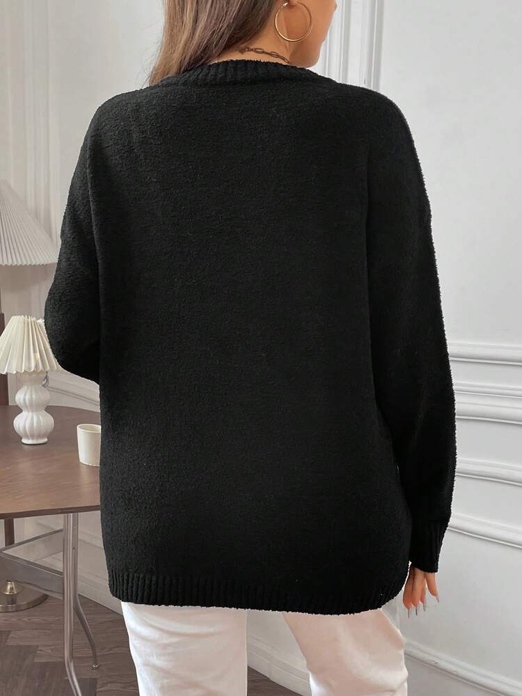 Plus Letter Pattern Drop Shoulder Sweater Knit Pullover Fall Winter Sweater