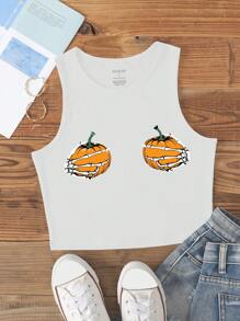 INAWLY Halloween Pumpkin Print Crop Tank Top - White - View 1