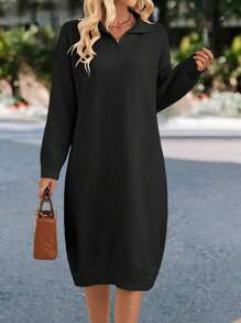 SHEIN LUNE 落肩袖毛衣洋裝不附腰帶 - 黑色 - 查看 1