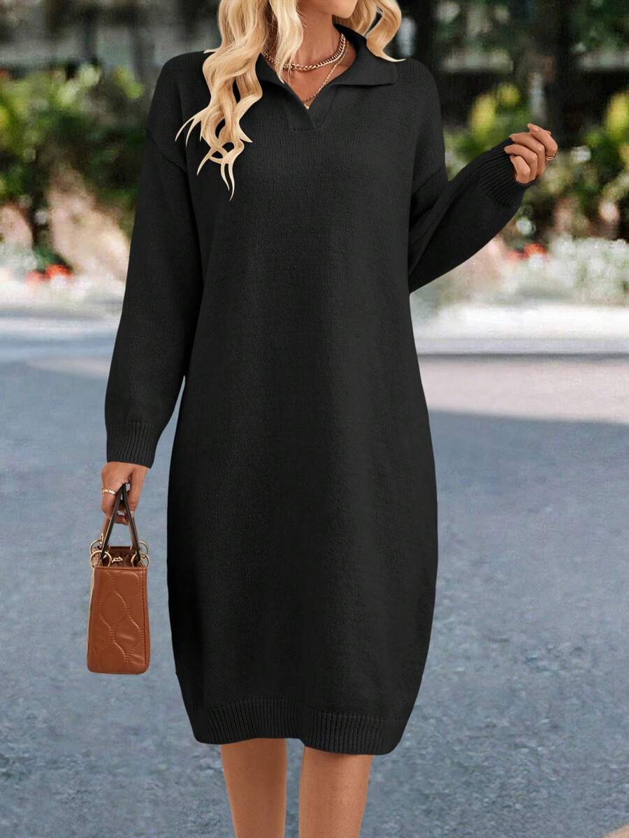 SHEIN LUNE 落肩袖毛衣洋裝不附腰帶 - 黑色 - 查看 1