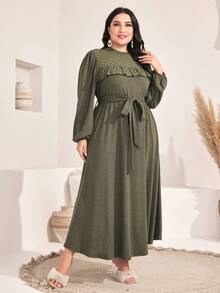 Al Najma Plus Ruffle Trim Belted Dress - Army Green - View 5