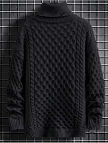 Men Turtleneck Cable Knit Drop Shoulder Sweater - Black - View 2