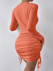 SHEIN Privé 蕾絲拼接側抽繩半排扣緊身洋裝 - 橘色 - 查看 2