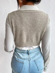 SHEIN LUNE 1pc Button Detail Wrap Sweater Vest - Khaki - View 2