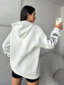 EURMUSE Cotton Letter & Butterfly Print Pocket Drop Shoulder Drawstring Hoodie - White - View 2