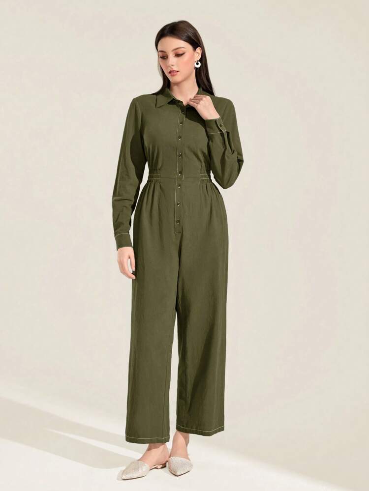 Solid Button Front Shirt Jumpsuit