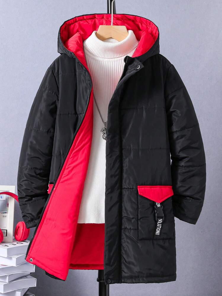 Tween Boy 1pc Flap Pocket Hooded Padded Coat