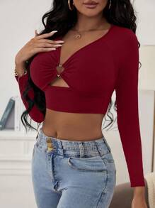 SHEIN SXY Vòng trái tim liên kết Cắt ra Áo phông Crop - Đỏ - Xem 5