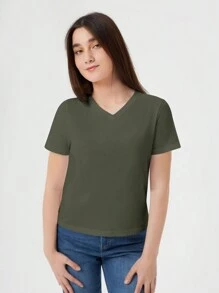 RueChic Teen Girl Solid V Neck Tee - Dark Green - View 5