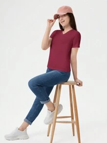RueChic Teen Girl Solid V Neck Tee - Red - View 3