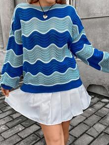 Flirla 大碼波浪條紋圖案落肩袖套頭毛衣 - 彩色 - 查看 3