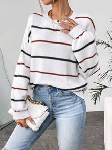 SHEIN LUNE Jersey con patrón de rayas de hombros caídos - Blanco - Ver 6