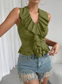 Chiquease Women's Black Elegant Ruffled Ruched Halter Top - Olive Green - View 6