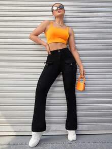 Pantalones Vaqueros Acampanados Bootcut De Mujer Con Múltiples Bolsillos Estilo De Trabajo Elásticos De - Negro - Ver 5