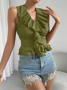 Chiquease Women's Black Elegant Ruffled Ruched Halter Top - Olive Green - View 4