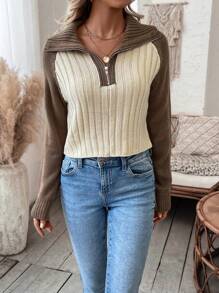 SHEIN LUNE Áo len chui đầu tay raglan phối màu, khóa kéo nửa thân, thích hợp cho mùa thu đông. - Màu be - Xem 4