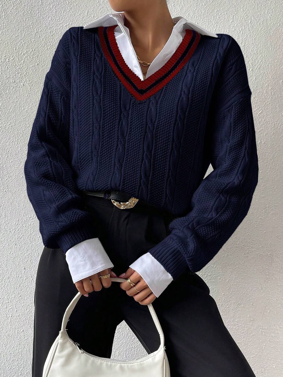 Chiquease Striped Trim Drop Shoulder Cable Knit Sweater Without Blouse,Long Sleeve Tops Knit Pullover Fall Winter Sweater - Royal Blue - View 1