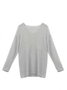 Chất rắn Thả vai Áo len - Xám - Xem 3