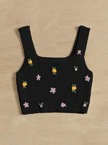 SHEIN Unity Floral Embroidery Ribbed Knit Crop Knit Top - Black - View 3