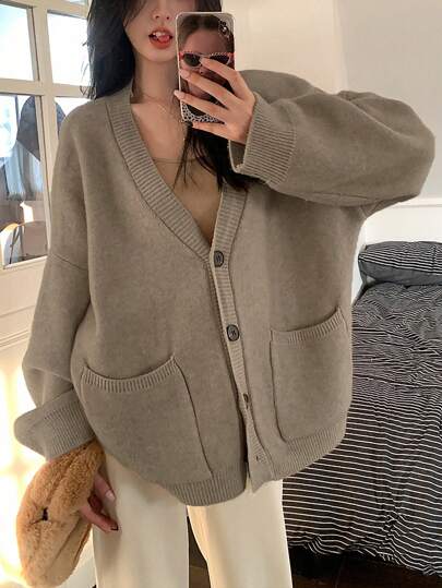 סוודר קרדיגן סריג קז'ואל רופף בצבע אחיד לנשים, סתיו/חורף