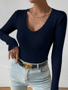 SHEIN Essnce Cắt vỏ sò Đồ đan Ribbed Áo len - Màu xanh hải quân - Xem 4